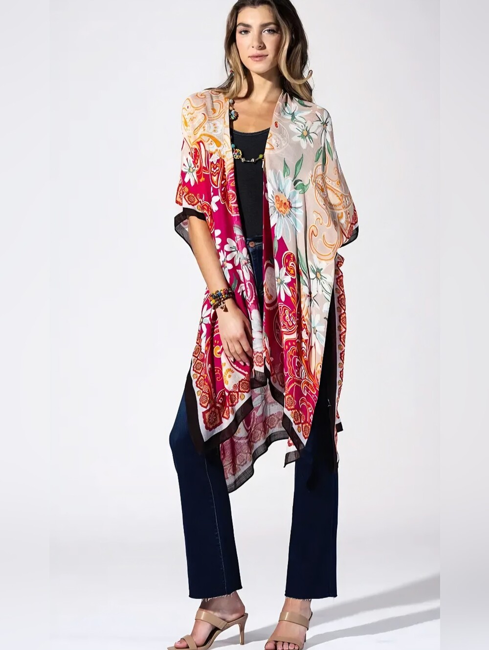 1139 Floral Paisley Sheer Kimono Wrap - Pink, Cream, Red